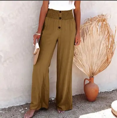 Women's Elastic Waist Loose Pants Olive Green Wide Leg - Image 2