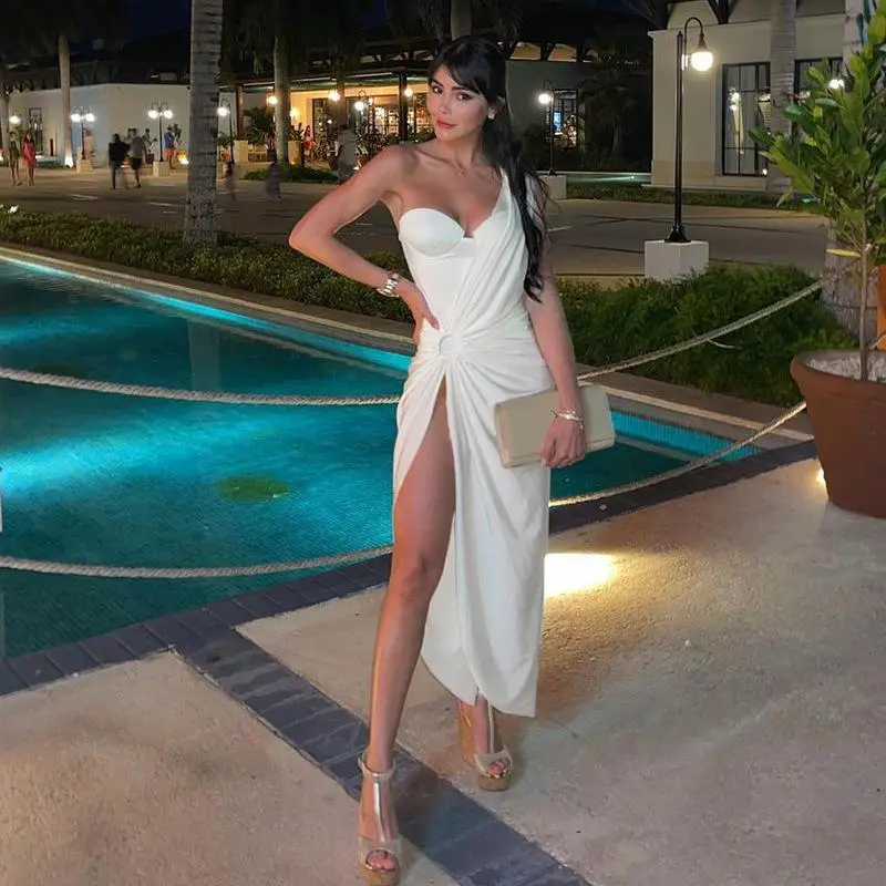 White Asymmetrical Halter Dress Mid-Length Sexy Elegant - Image 11