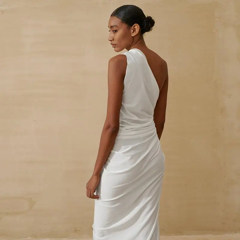 White Asymmetrical Halter Dress Mid-Length Sexy Elegant - Image 12