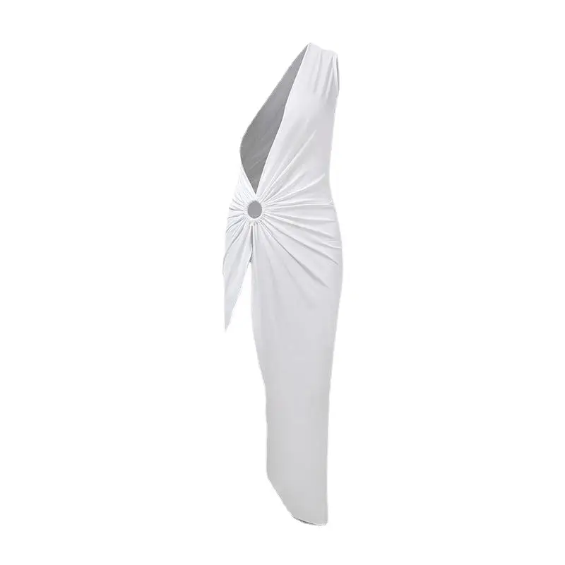 White Asymmetrical Halter Dress Mid-Length Sexy Elegant - Image 13