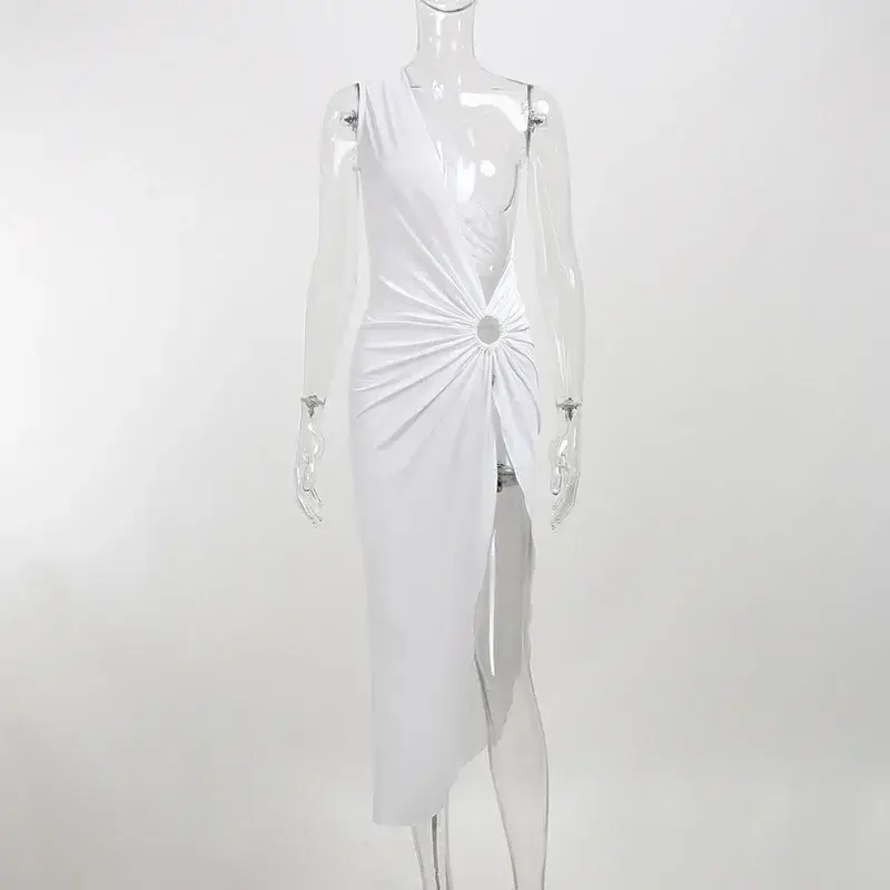 White Asymmetrical Halter Dress Mid-Length Sexy Elegant - Image 3