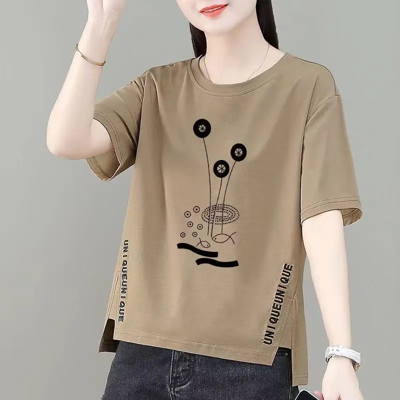 Women Asymmetrical Printed T-Shirt Brown 2023 Summer — feature 10