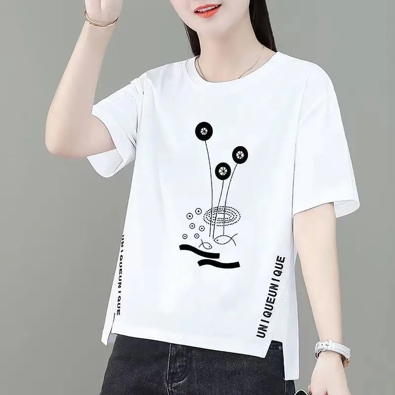 Women Asymmetrical Printed T-Shirt Brown 2023 Summer — feature 11