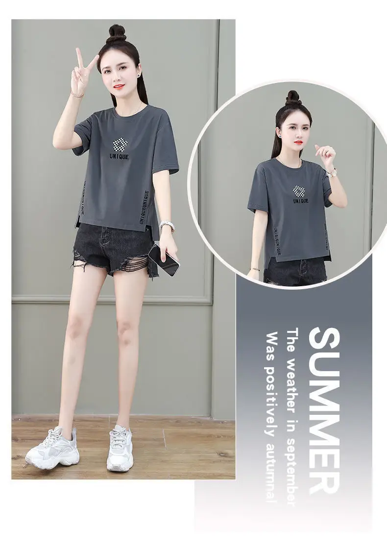 Women Asymmetrical Printed T-Shirt Brown 2023 Summer — feature 18