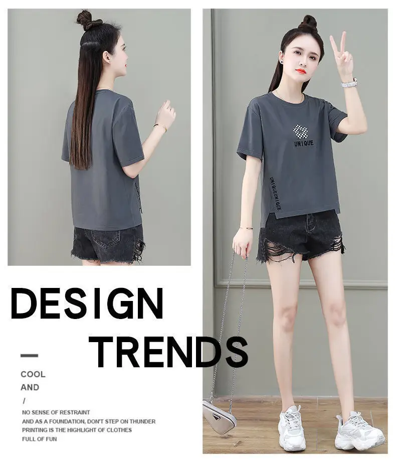 Women Asymmetrical Printed T-Shirt Brown 2023 Summer — feature 19