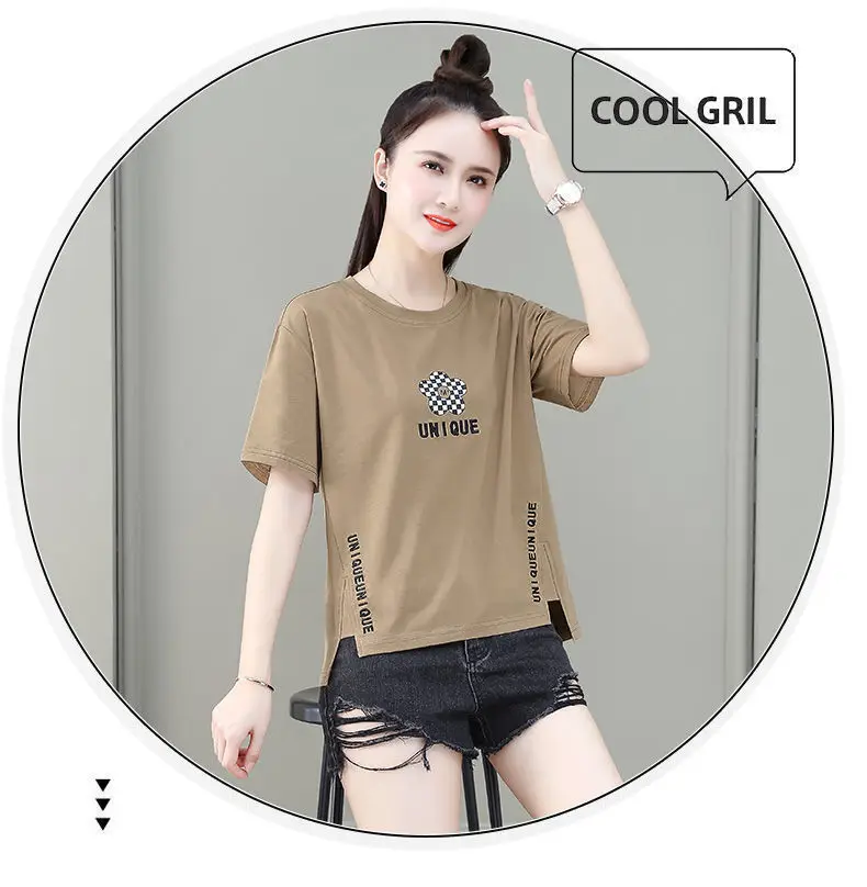 Women Asymmetrical Printed T-Shirt Brown 2023 Summer — feature 24