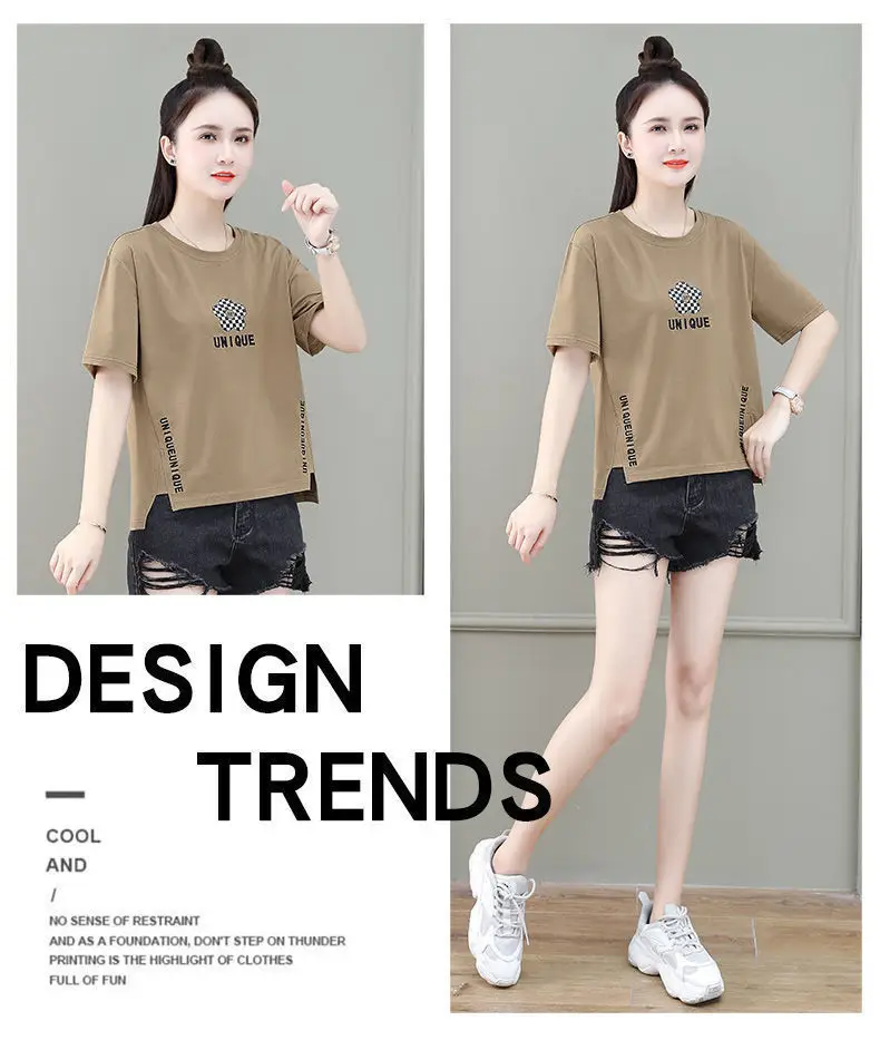 Women Asymmetrical Printed T-Shirt Brown 2023 Summer — feature 25
