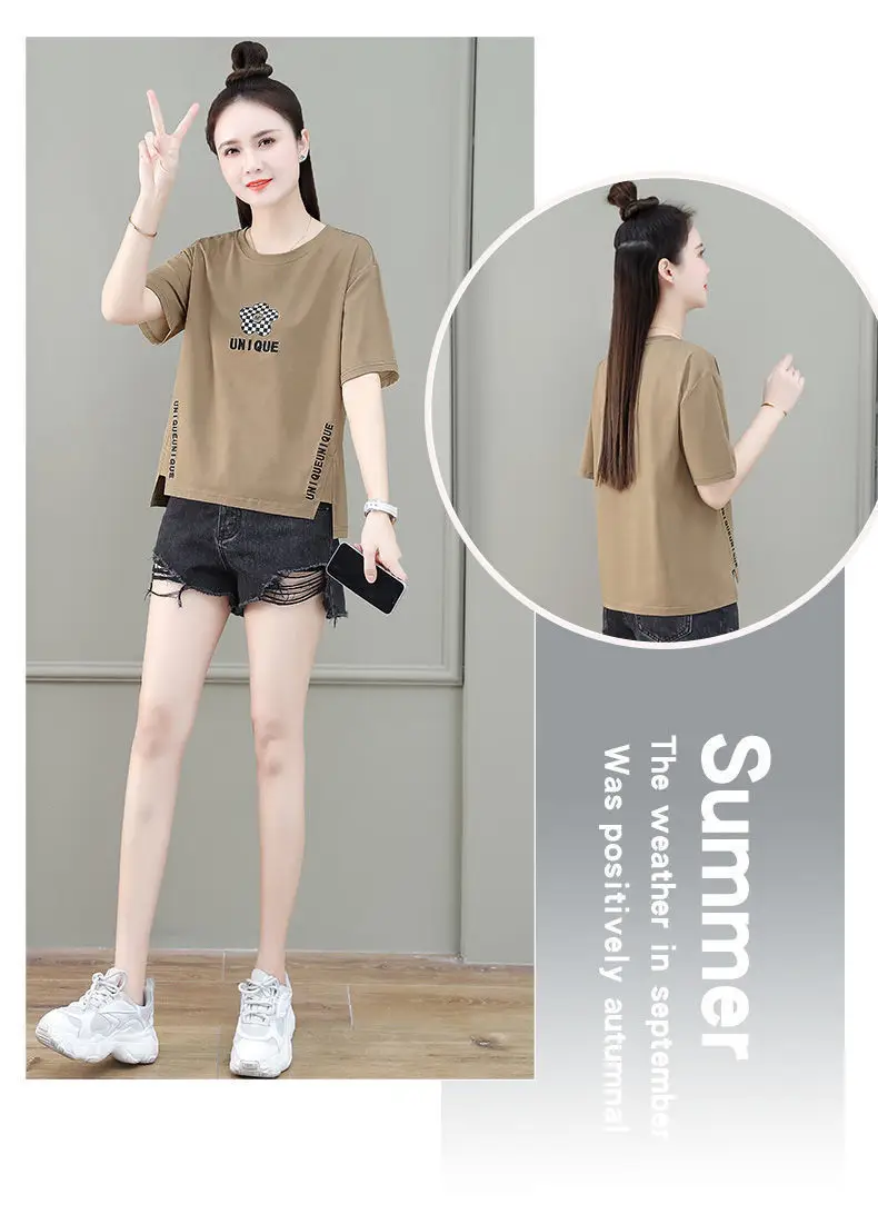 Women Asymmetrical Printed T-Shirt Brown 2023 Summer — feature 26