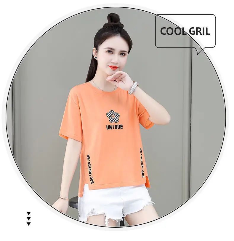 Women Asymmetrical Printed T-Shirt Brown 2023 Summer — feature 27