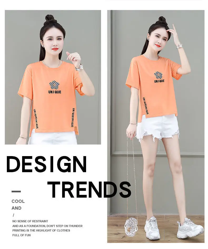 Women Asymmetrical Printed T-Shirt Brown 2023 Summer — feature 28