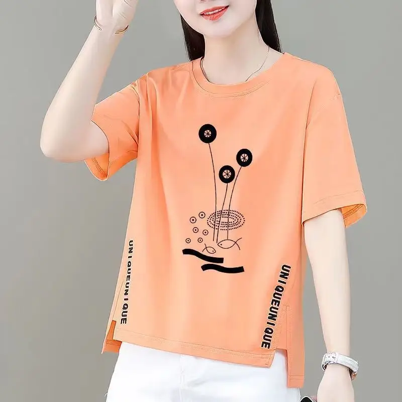 Women Asymmetrical Printed T-Shirt Brown 2023 Summer - Image 2