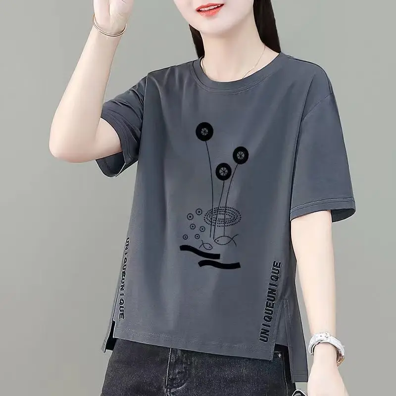 Women Asymmetrical Printed T-Shirt Brown 2023 Summer - Image 3