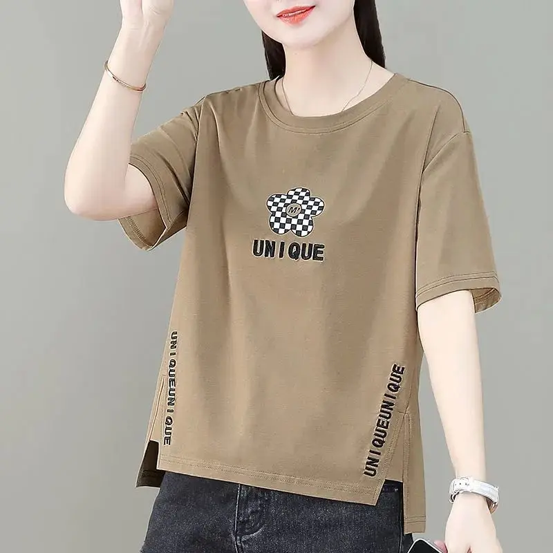 Women Asymmetrical Printed T-Shirt Brown 2023 Summer - Image 5