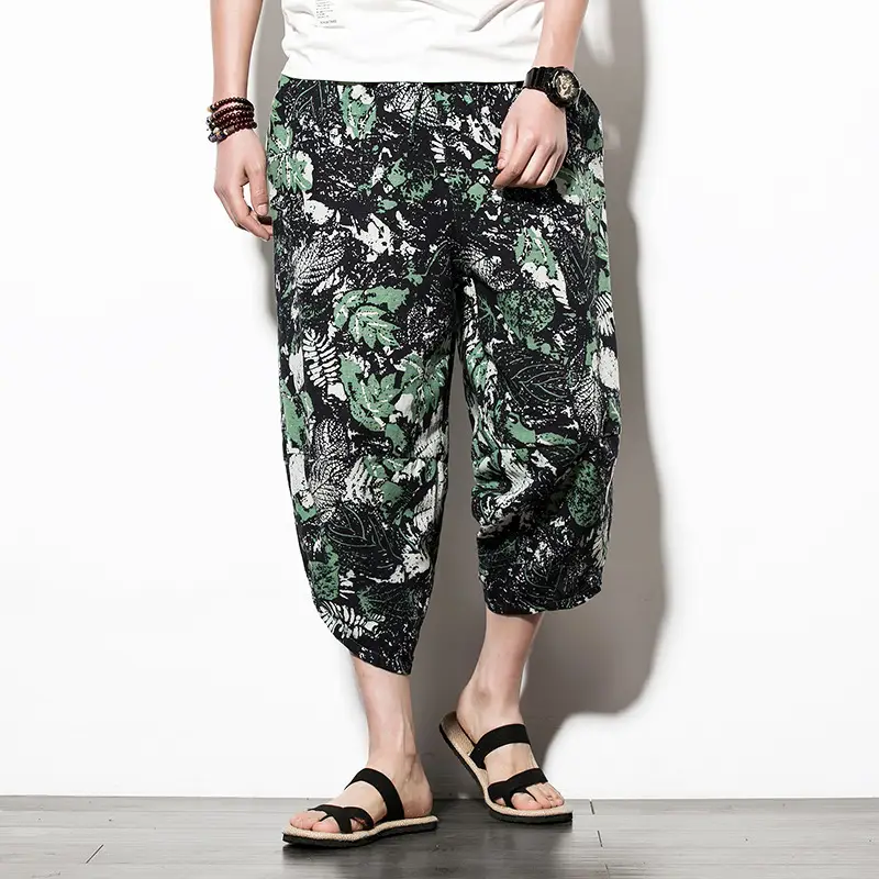 Men Floral Cropped Pants Cotton Summer Loose Casual - Image 11