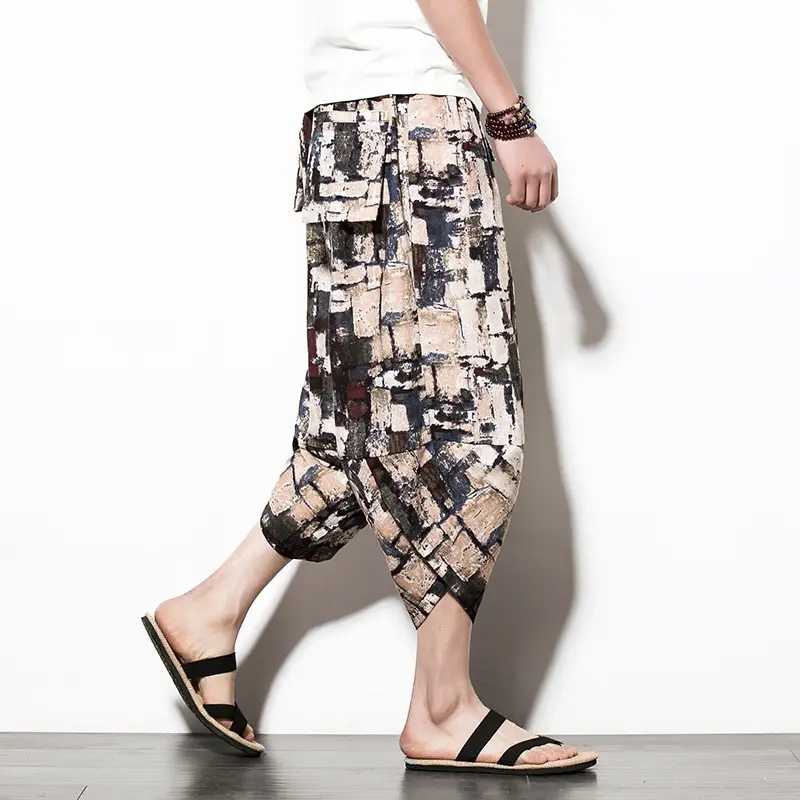 Men Floral Cropped Pants Cotton Summer Loose Casual - Image 12