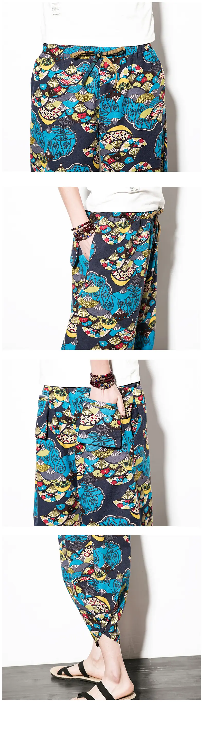 Men Floral Cropped Pants Cotton Summer Loose Casual — feature 11