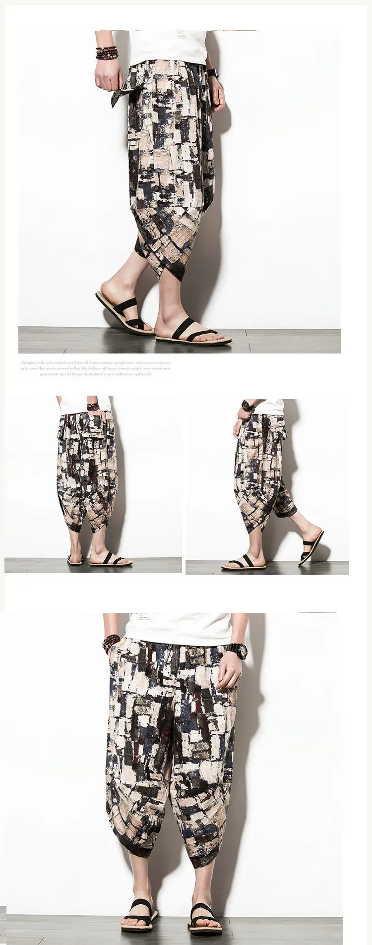 Men Floral Cropped Pants Cotton Summer Loose Casual — feature 3