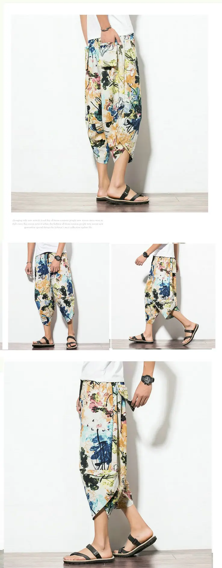 Men Floral Cropped Pants Cotton Summer Loose Casual — feature 6