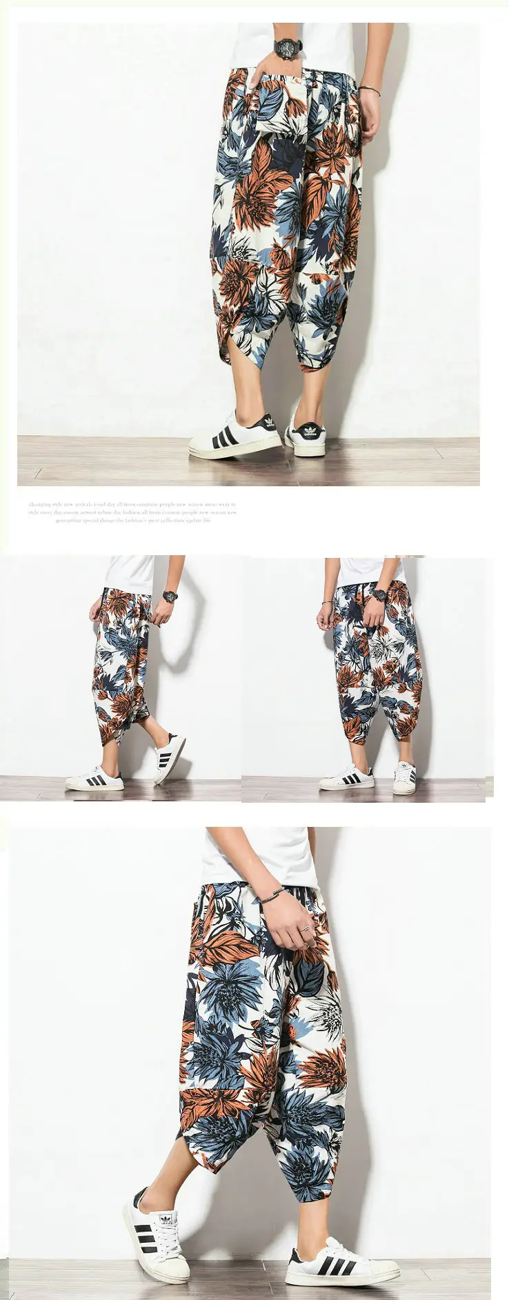 Men Floral Cropped Pants Cotton Summer Loose Casual — feature 7