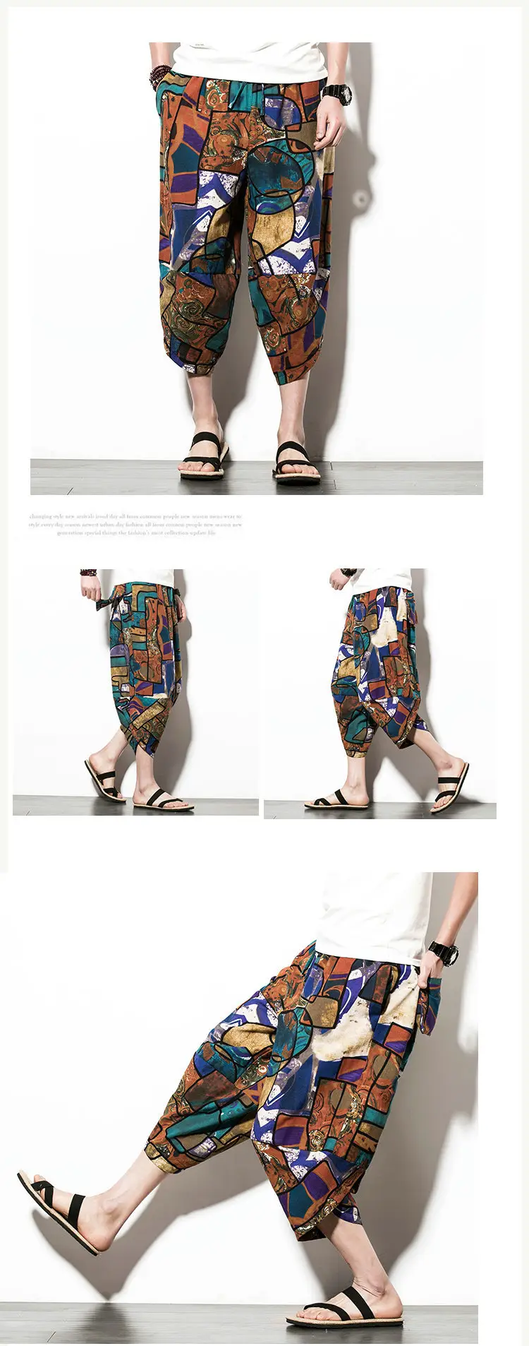 Men Floral Cropped Pants Cotton Summer Loose Casual — feature 8
