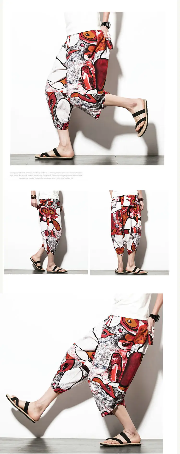 Men Floral Cropped Pants Cotton Summer Loose Casual — feature 9