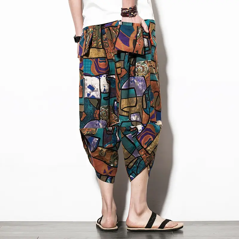 Men Floral Cropped Pants Cotton Summer Loose Casual - Image 5