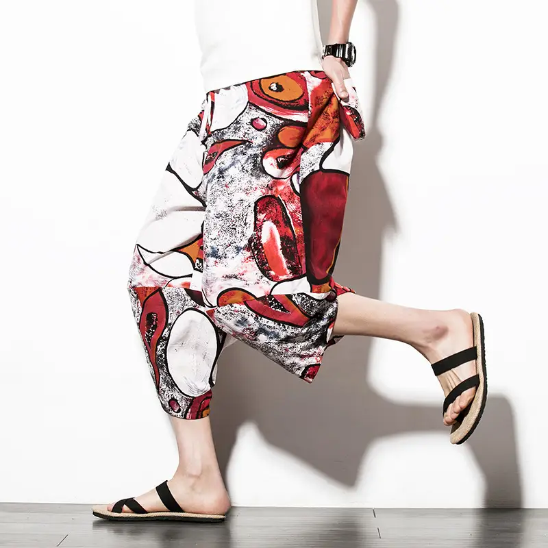 Men Floral Cropped Pants Cotton Summer Loose Casual - Image 6