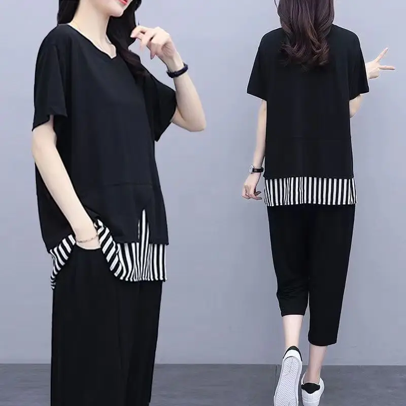 Women Black Striped Two-Piece Loose Pants Set Large - Image 3