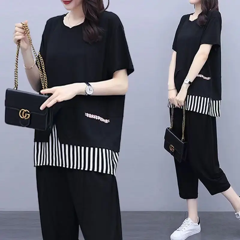 Women Black Striped Two-Piece Loose Pants Set Large - Image 4