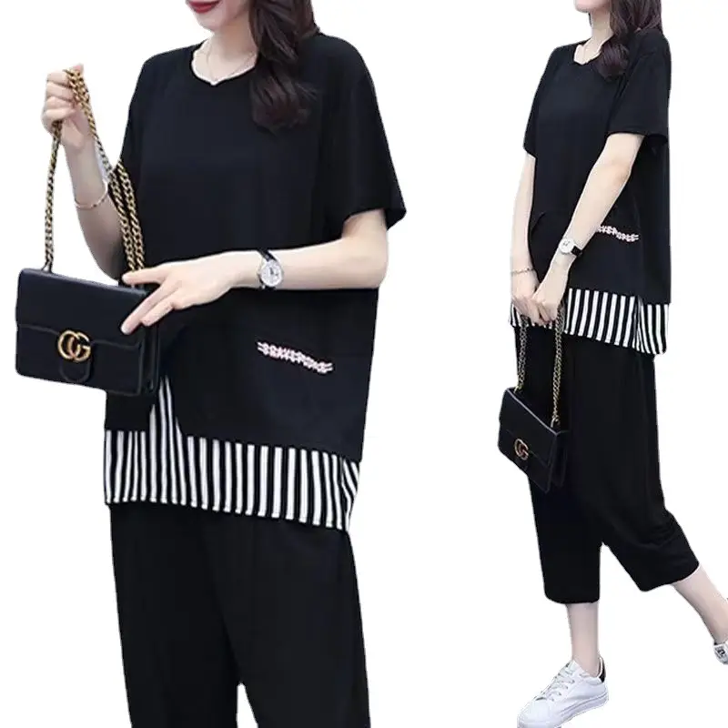Women Black Striped Two-Piece Loose Pants Set Large - Image 6
