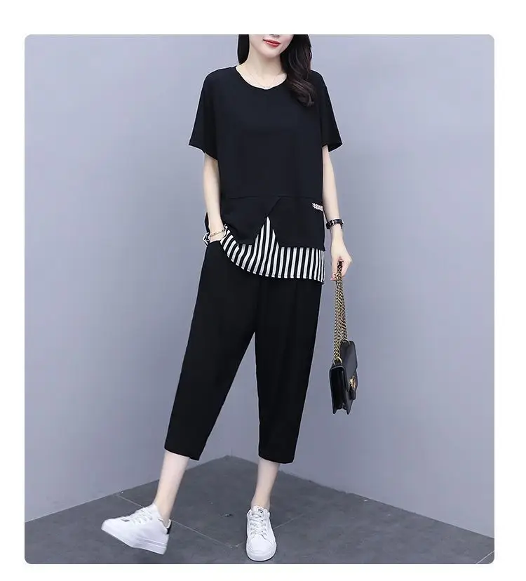 Women Black Striped Two-Piece Loose Pants Set Large — feature 12