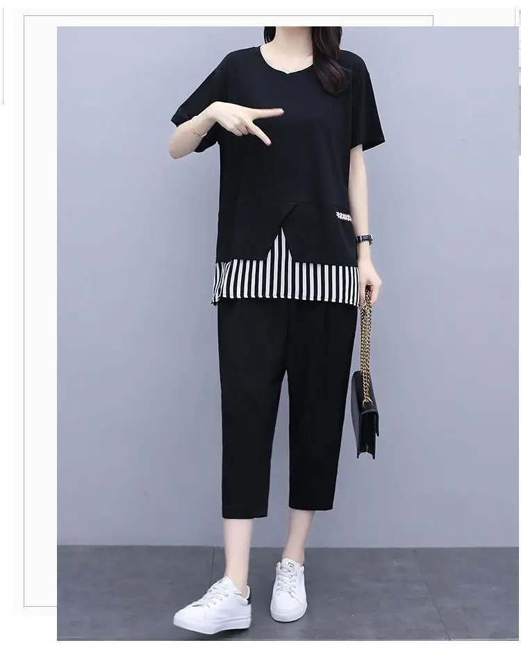 Women Black Striped Two-Piece Loose Pants Set Large — feature 8
