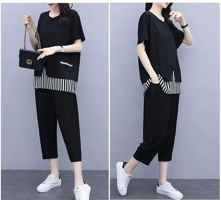 Women Black Striped Two-Piece Loose Pants Set Large — feature 9