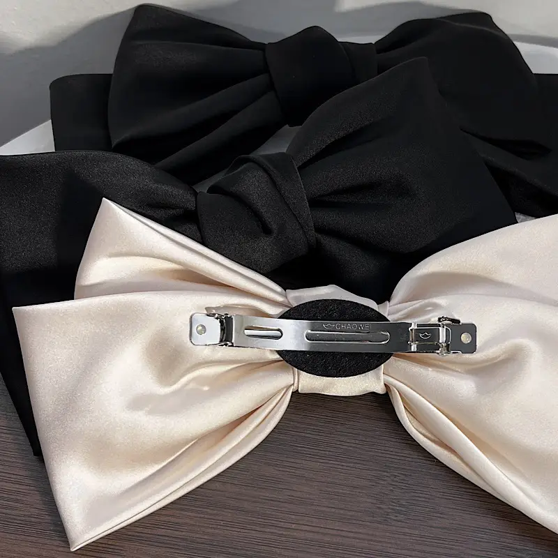 Black Satin Large Bow Hair Clip for Women - Image 3