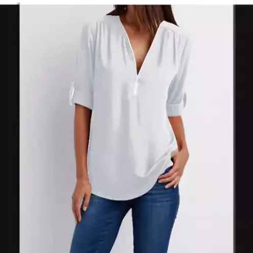 Pink V-Neck Zipper Chiffon Shirt Large Women - Image 15