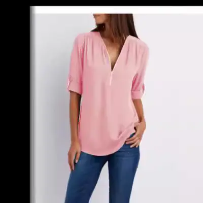 Pink V-Neck Zipper Chiffon Shirt Large Women - Image 16