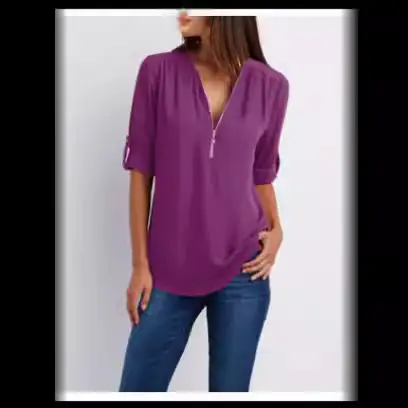 Pink V-Neck Zipper Chiffon Shirt Large Women - Image 17