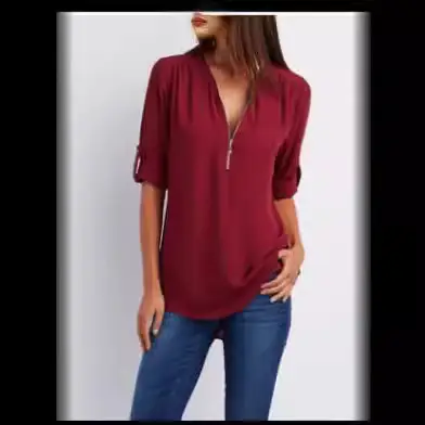 Pink V-Neck Zipper Chiffon Shirt Large Women - Image 18