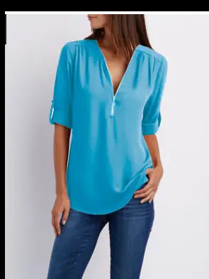 Pink V-Neck Zipper Chiffon Shirt Large Women - Image 10