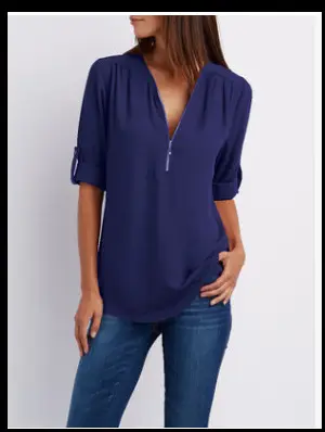Pink V-Neck Zipper Chiffon Shirt Large Women - Image 11