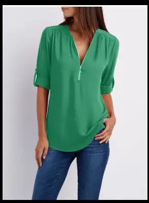 Pink V-Neck Zipper Chiffon Shirt Large Women - Image 12