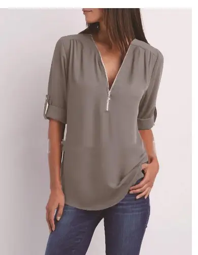 Pink V-Neck Zipper Chiffon Shirt Large Women - Image 13