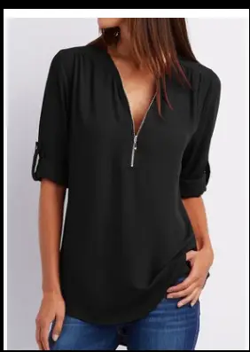 Pink V-Neck Zipper Chiffon Shirt Large Women - Image 2