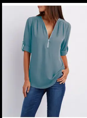 Pink V-Neck Zipper Chiffon Shirt Large Women - Image 3