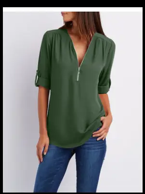 Pink V-Neck Zipper Chiffon Shirt Large Women - Image 4