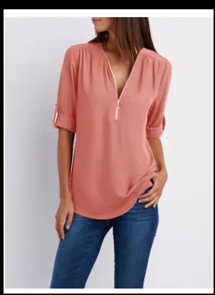 Pink V-Neck Zipper Chiffon Shirt Large Women - Image 5