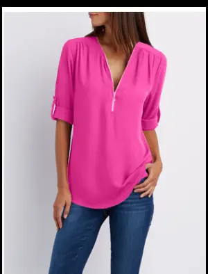Pink V-Neck Zipper Chiffon Shirt Large Women - Image 6