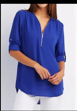 Pink V-Neck Zipper Chiffon Shirt Large Women - Image 7