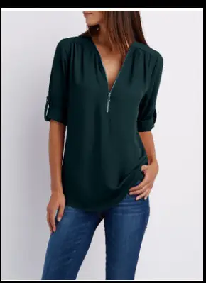 Pink V-Neck Zipper Chiffon Shirt Large Women - Image 8