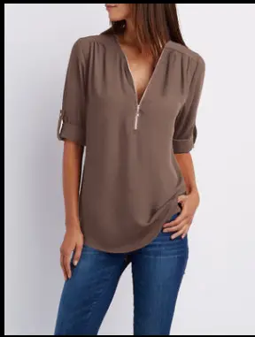 Pink V-Neck Zipper Chiffon Shirt Large Women - Image 9